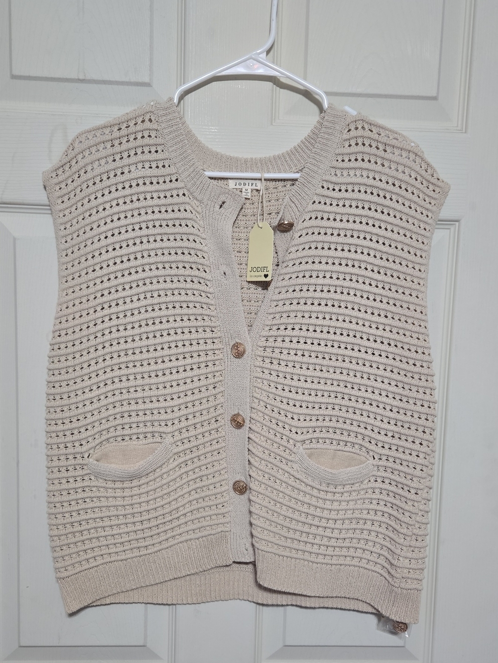 JODIFL Cream Open-Knit Button Vest with Pockets
